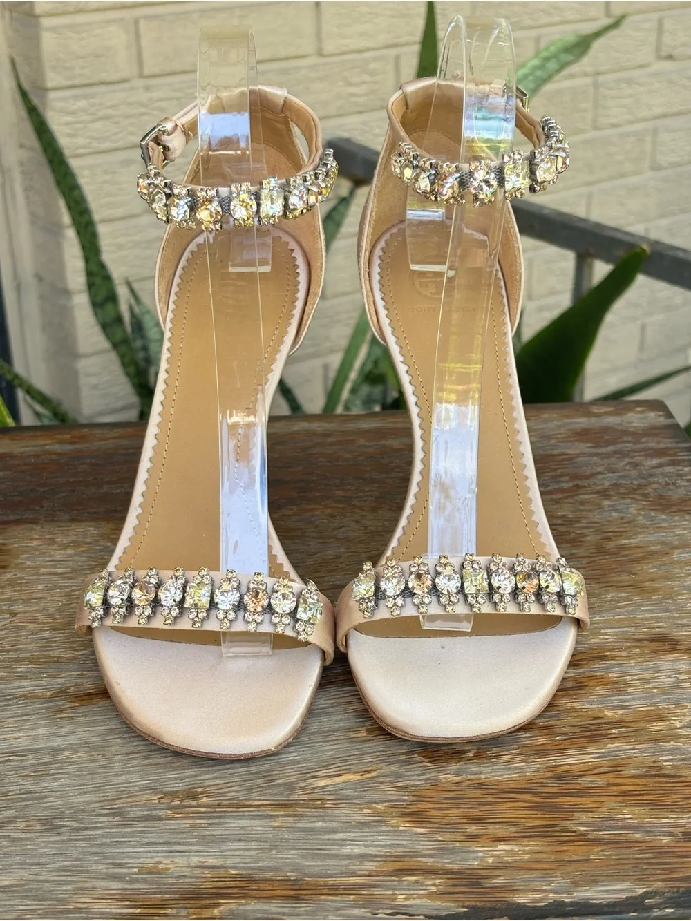Tory Burch Penelope 100mm Crystal Embellished Ankle Strap Stiletto Sandals Champ